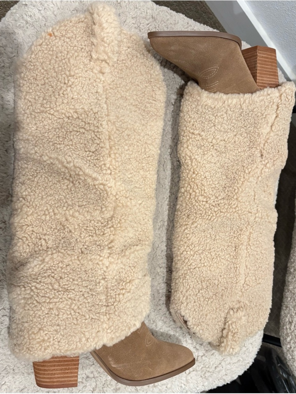 Steve Madden Tan Suede & Cream Shearling Block Heel Boots